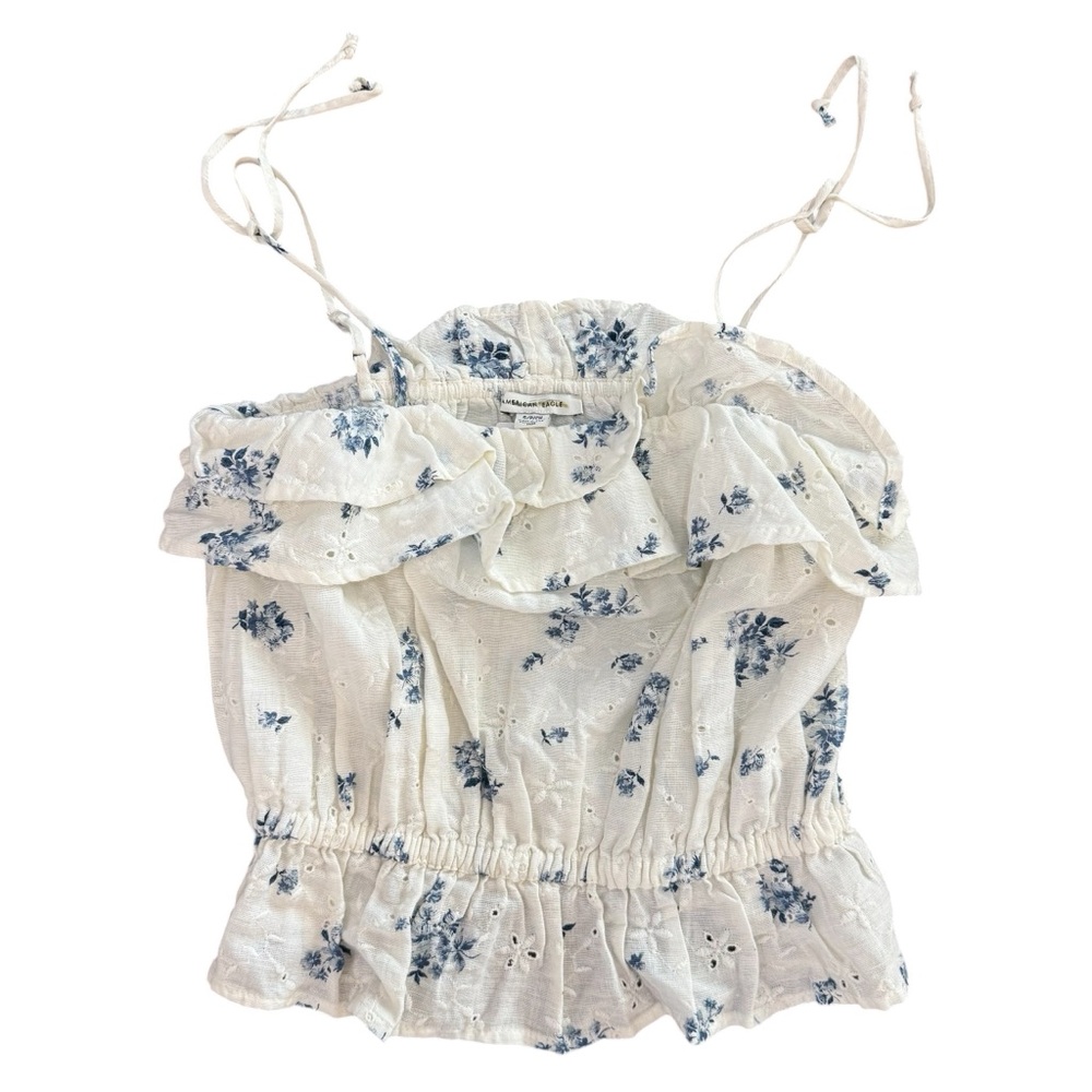 NWT American Eagle Outfitters White & Blue Floral Ruffle Tie-Strap Camisole Sz S